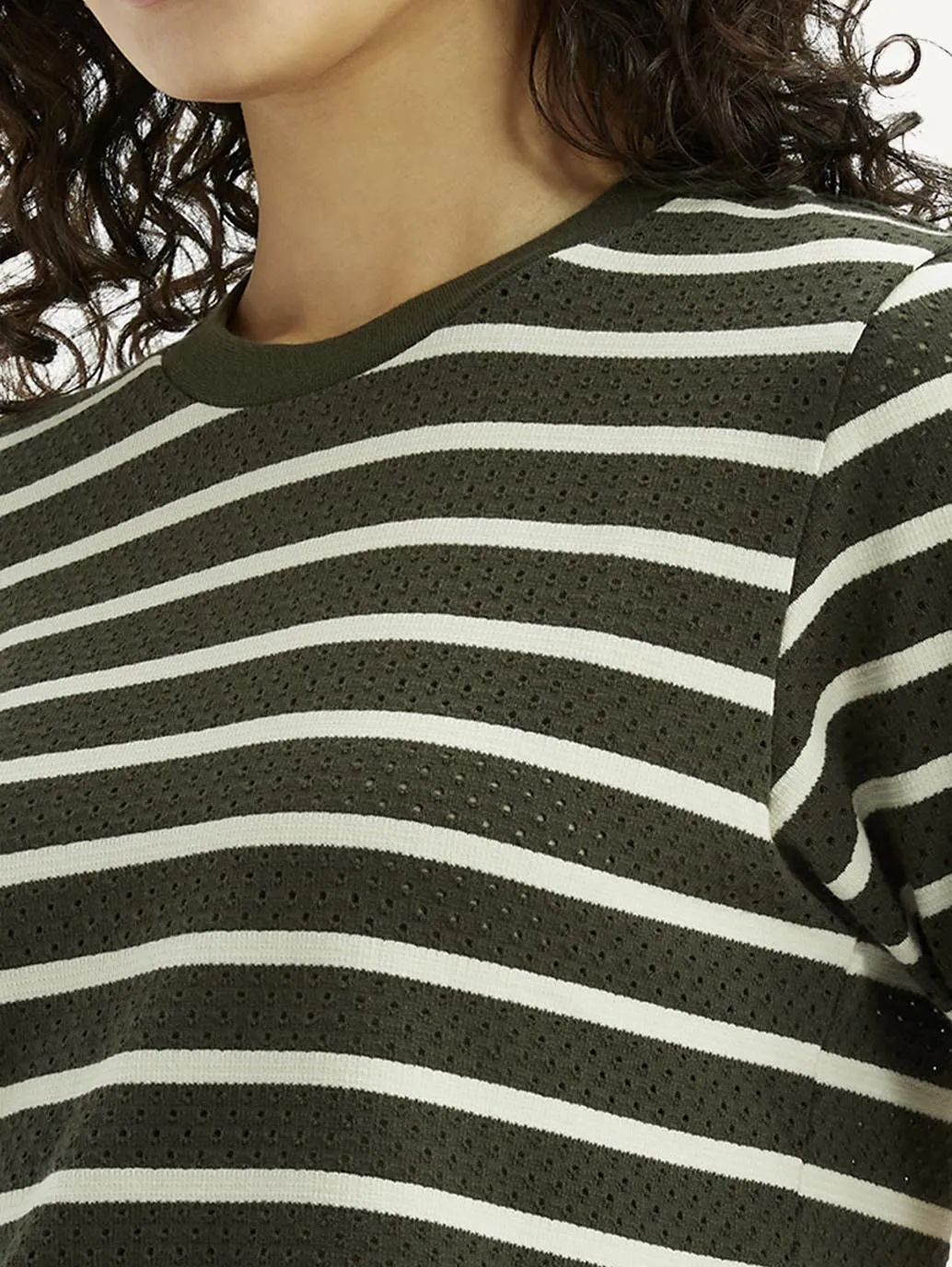 Women's Striped Olive Crew Neck T-shirt Durable Wear