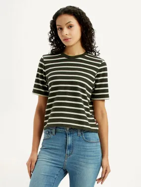 Women's Striped Olive Crew Neck T-shirt Casual everyday wear Complementary Colors