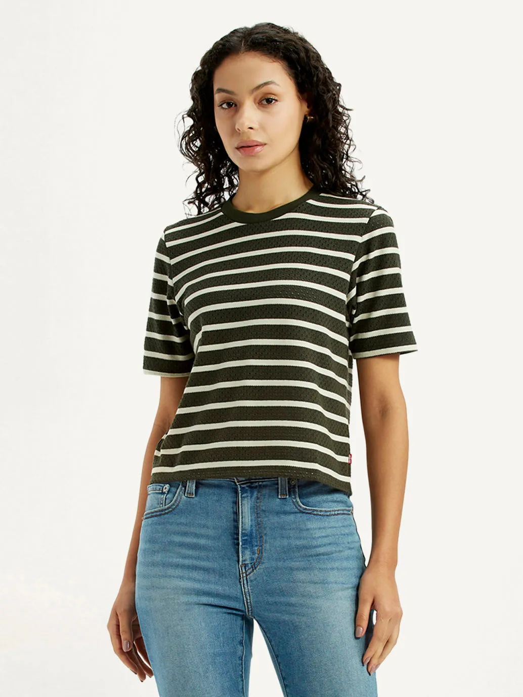 Women's Striped Olive Crew Neck T-shirt Casual Comfort Top