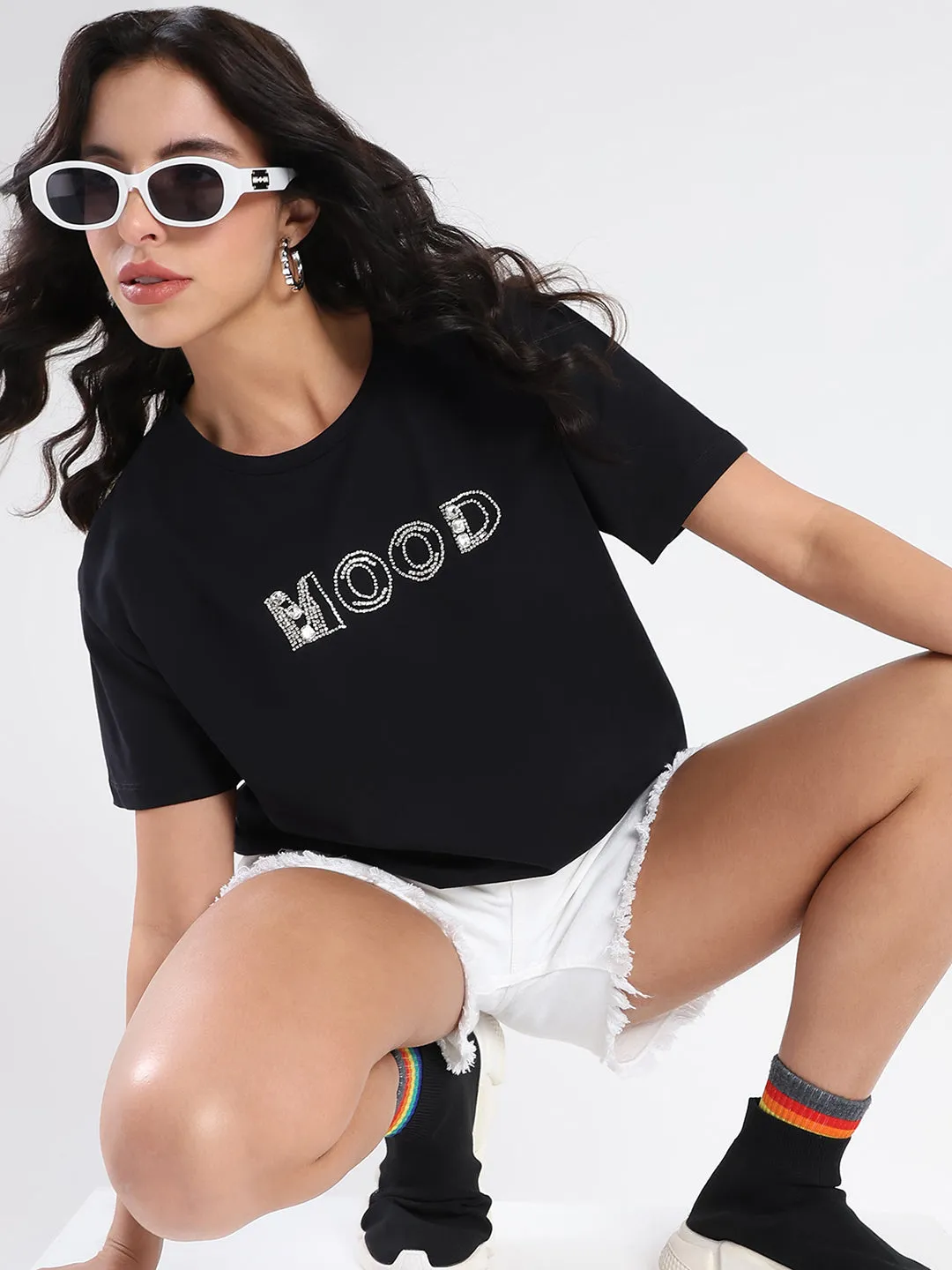 Madame Embellished Pocket Typography Black Cotton T-shirt Drop Shoulder Cut Garment Dyed Finish