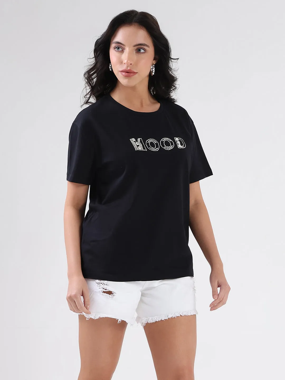 Madame Embellished Pocket Typography Black Cotton T-shirt Flex Fit Casual Performance