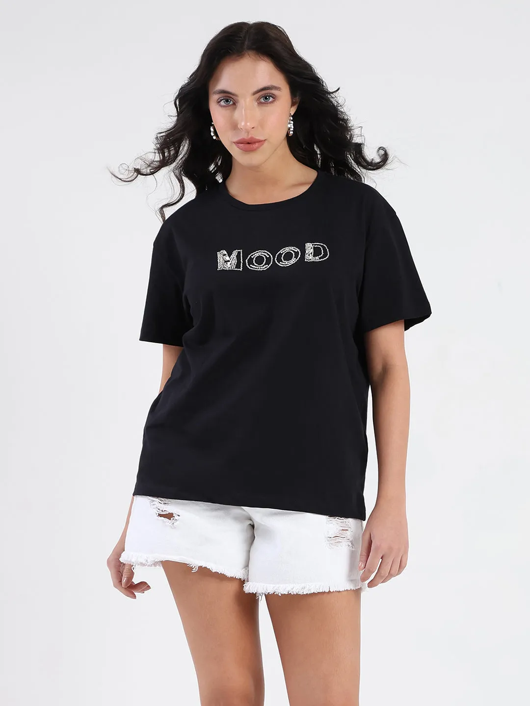 Madame Embellished Pocket Typography Black Cotton T-shirt Non Restrictive Cut
