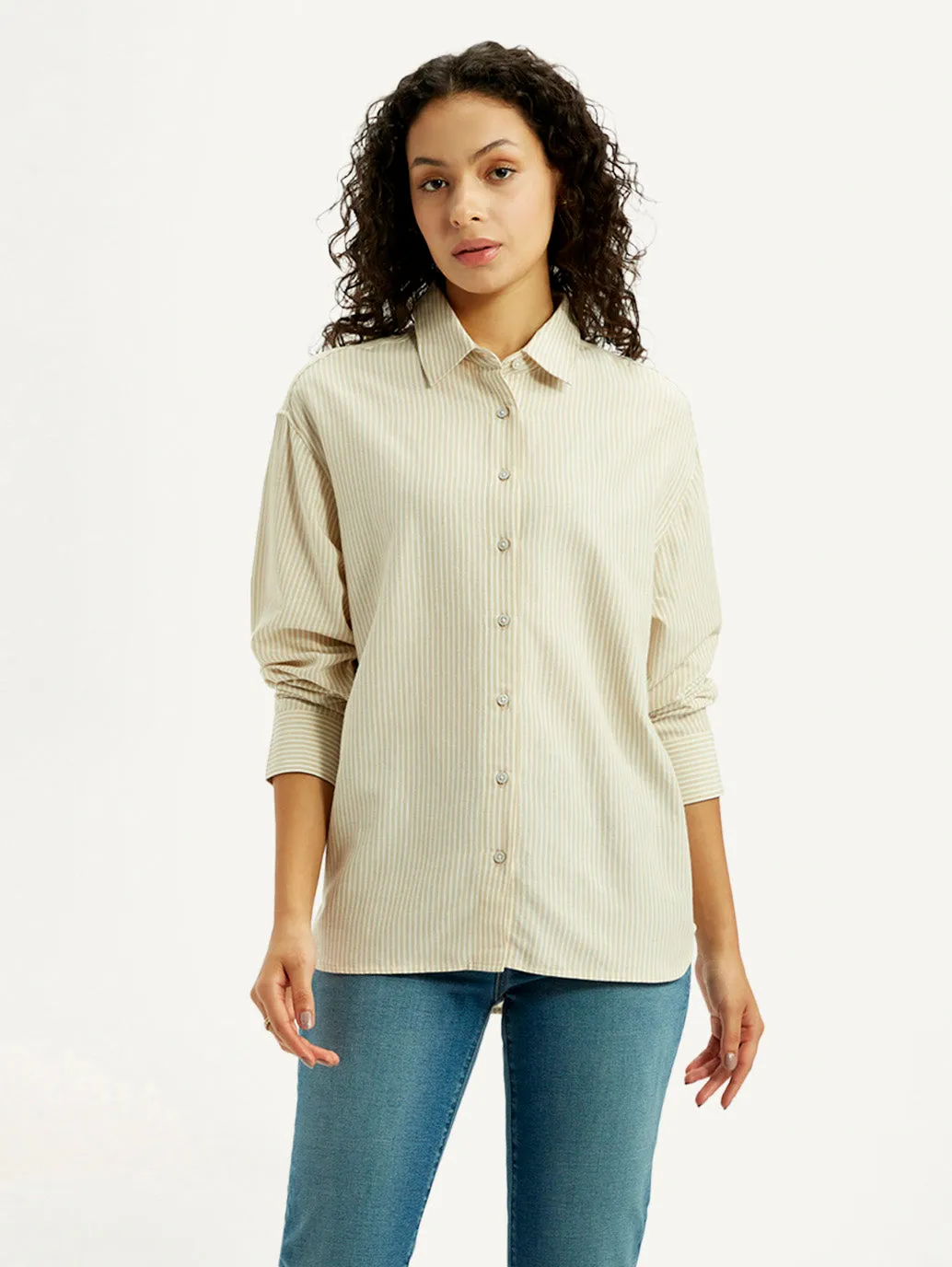 Durable Button Closures Women's Striped Beige Slim Fit Shirt