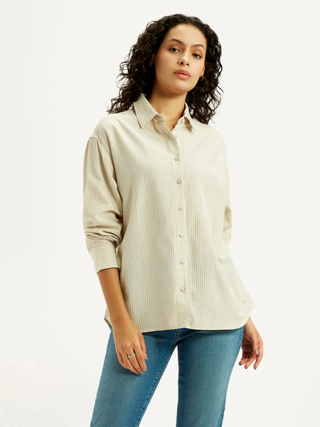 Youthful Appeal Women's Striped Beige Slim Fit Shirt