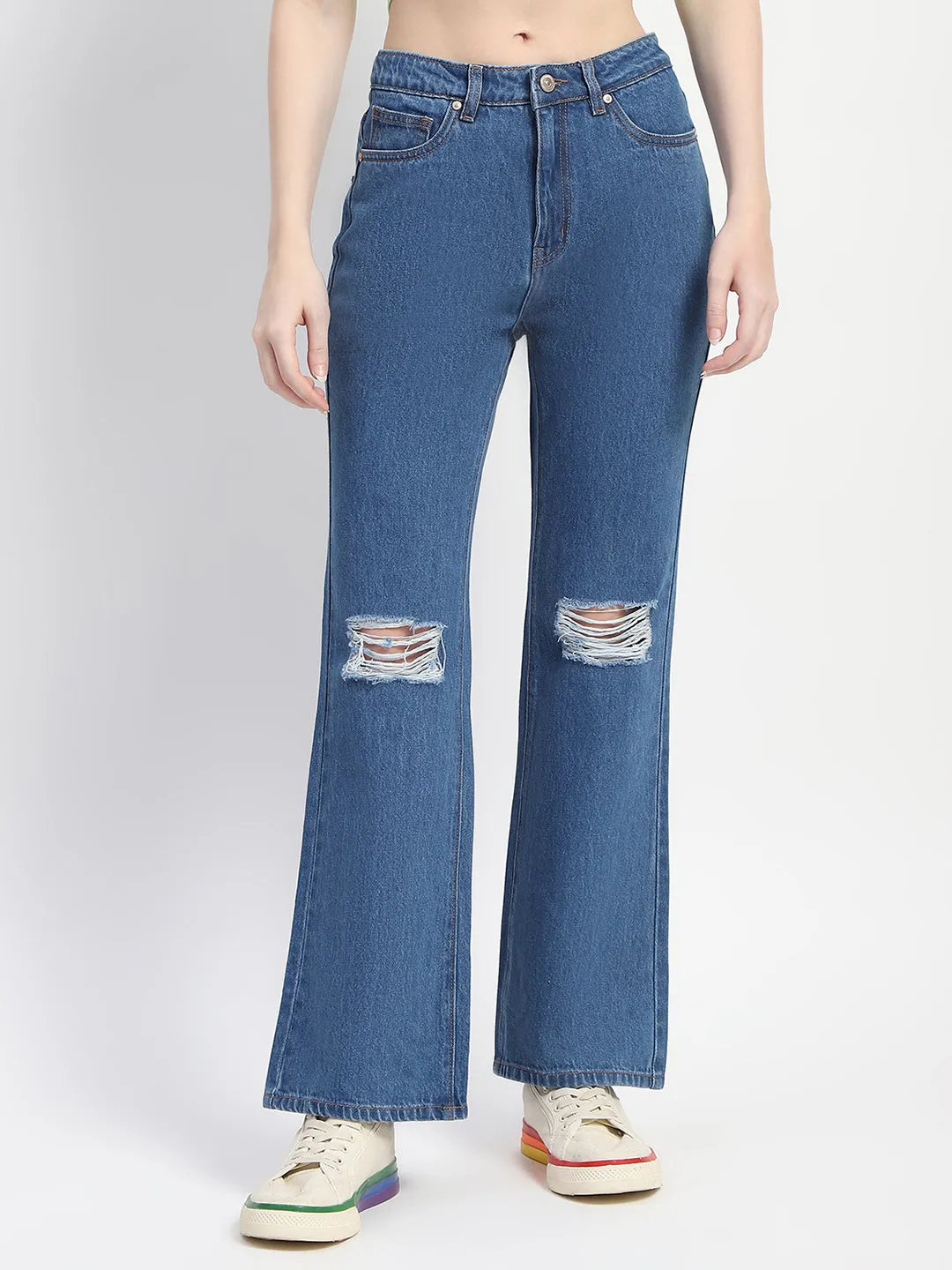 Year Round Madame Blue Ripped Flared Denim