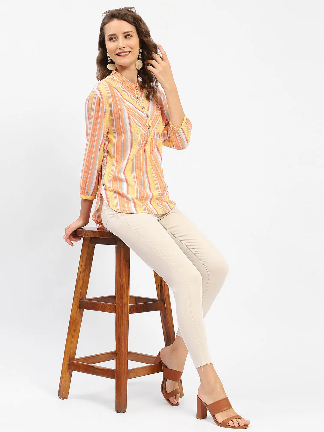 Refined Aesthetic Bamboo Fiber Blend Madame Mandarin Collar Modal Cotton Striped Shirt