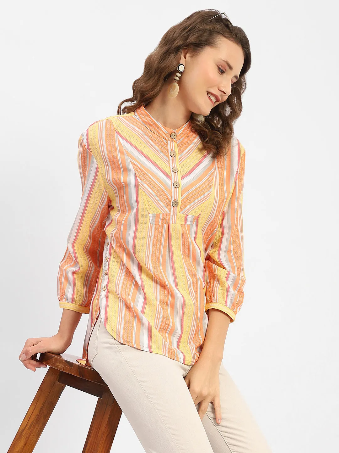 Madame Mandarin Collar Modal Cotton Striped Shirt Sporty Style
