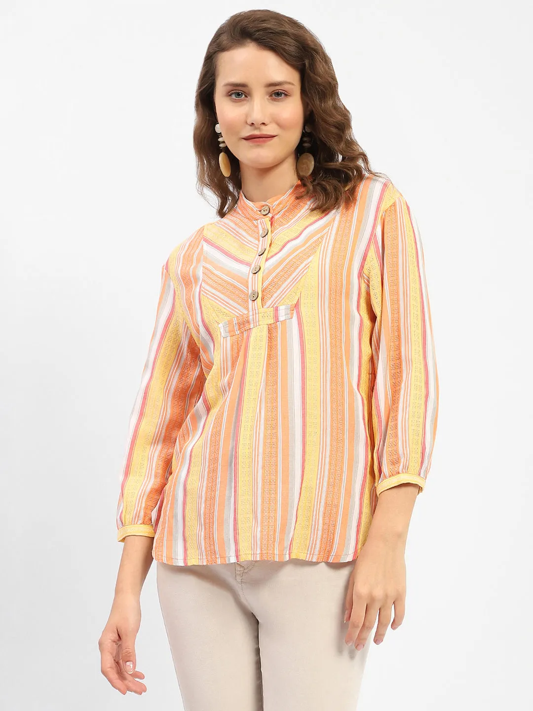 Chambray Fabric Madame Mandarin Collar Modal Cotton Striped Shirt