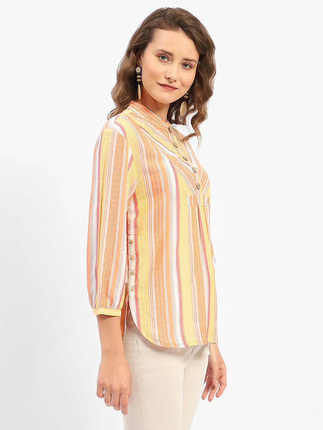 Madame Mandarin Collar Modal Cotton Striped Shirt hypoallergenic material Short Sleeve