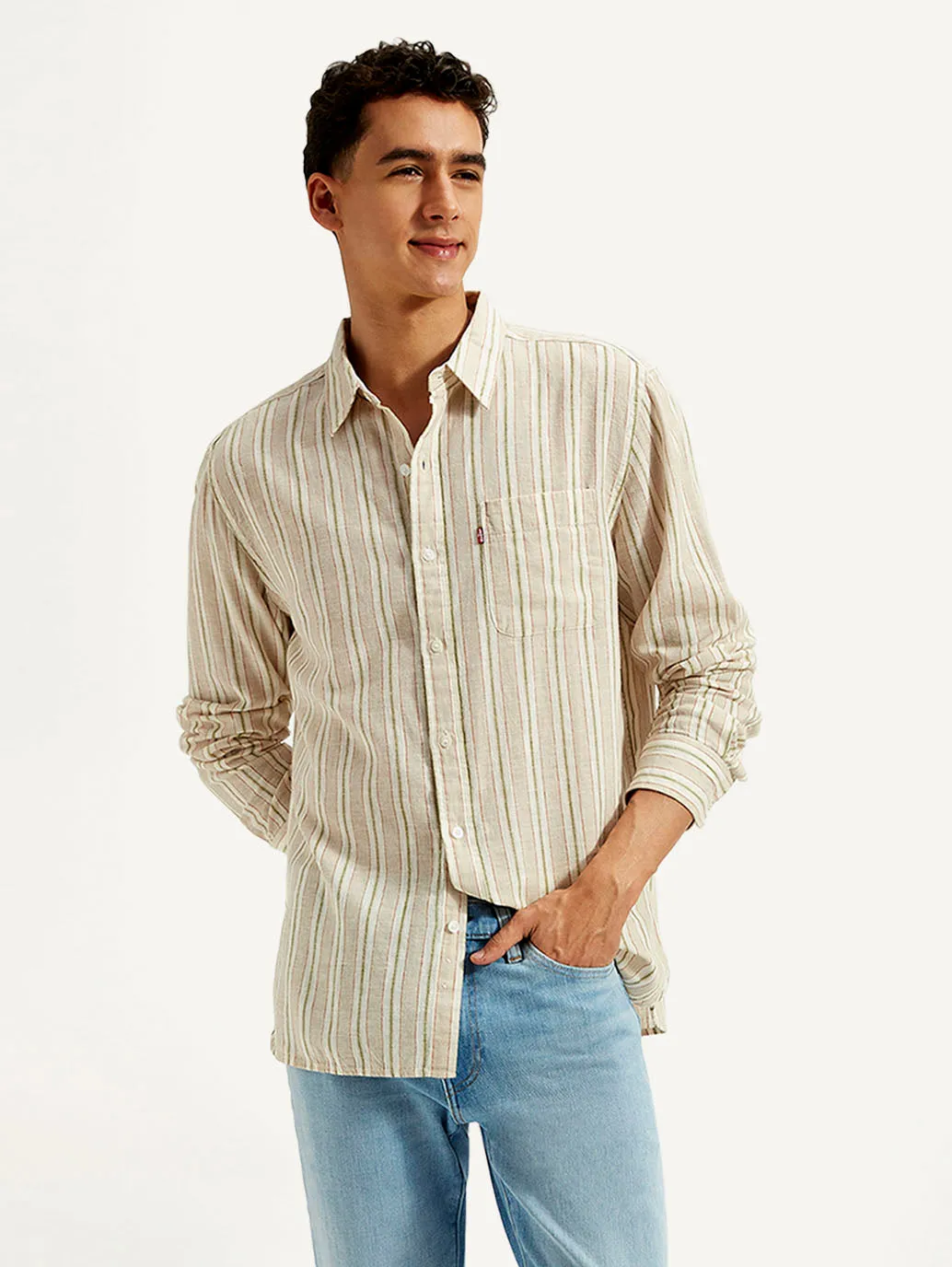 Pure Cotton Men's Striped Slim Fit Linen Shirt
